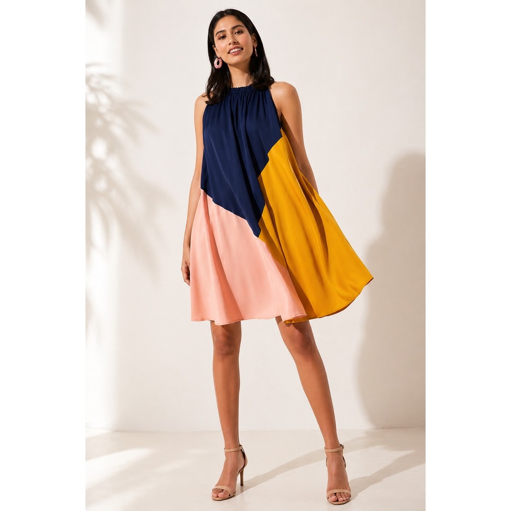 LOFT Colorblock Halter Swing Dress Navy Yellow Pink Mini 529958 Sz‎ S NWT